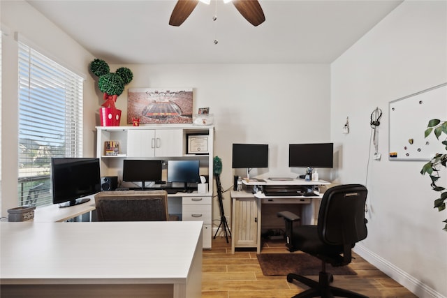 office featuring ceiling fan and light hardwood / wood-style flooring