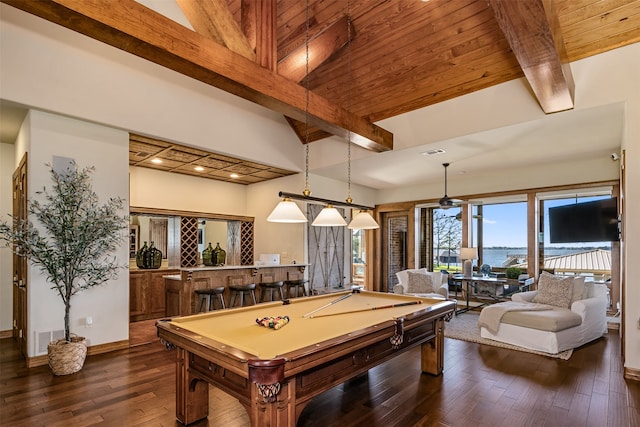 rec room with wood ceiling, beam ceiling, dark hardwood / wood-style floors, bar, and pool table