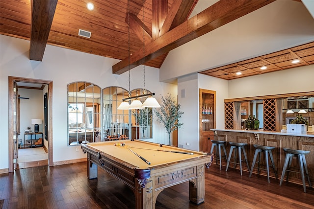 recreation room with wooden ceiling, dark wood-type flooring, lofted ceiling with beams, billiards, and indoor bar