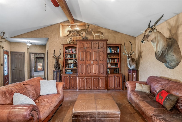 tiled living room featuring vaulted ceiling with beams and ceiling fan