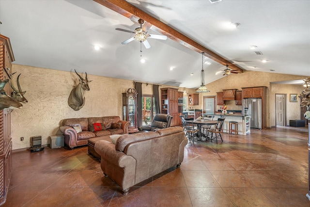 4101 Vz County Road 1222, Grand Saline, TX 75140 - living room with lofted ceiling with beams and ceiling fan