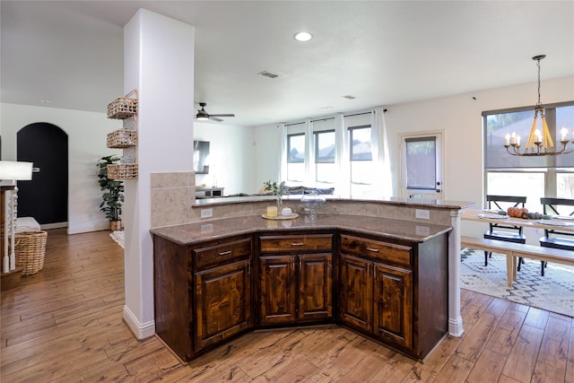 kitchen with dark brown cabinets, a healthy amount of sunlight, ceiling fan with notable chandelier, and light wood-type flooring