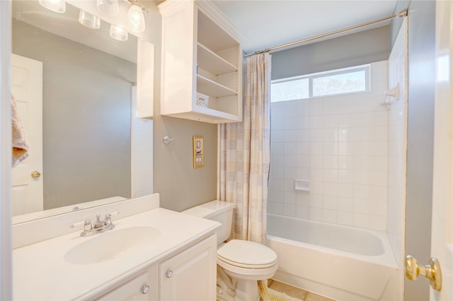 full bathroom with tile patterned flooring, vanity, toilet, and shower / bathtub combination with curtain