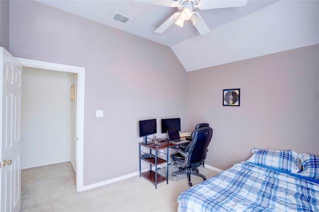 bedroom featuring light carpet, ceiling fan, and lofted ceiling