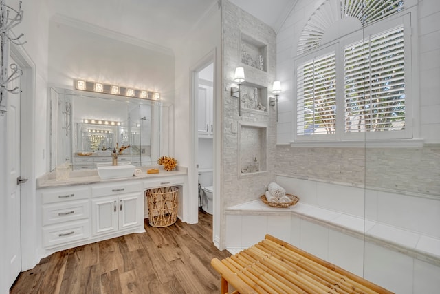 bathroom with tasteful backsplash, toilet, hardwood / wood-style flooring, vanity, and ornamental molding