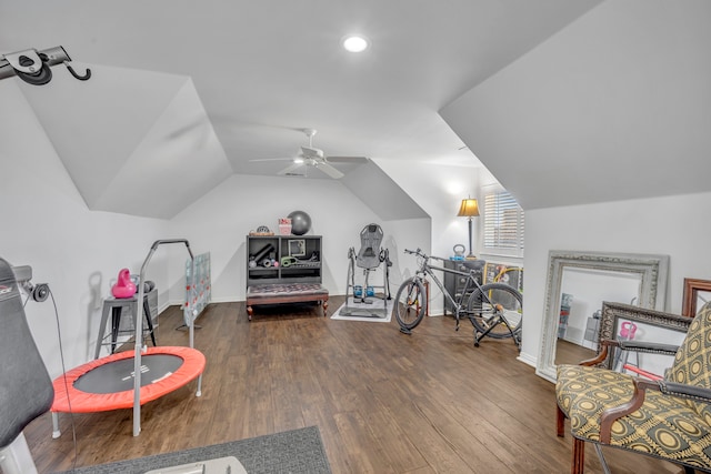 playroom featuring ceiling fan, hardwood / wood-style floors, and vaulted ceiling