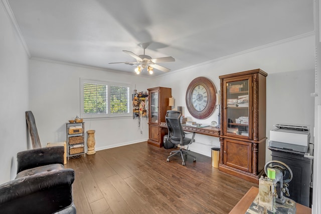 home office featuring dark hardwood / wood-style floors, ceiling fan, and crown molding