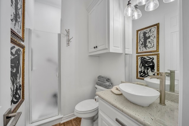 bathroom featuring hardwood / wood-style floors, vanity, toilet, and a shower with door