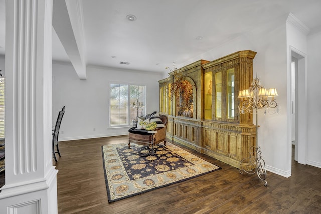 2405 Deer Run Ct, Heath, TX 75032 - sitting room with wood finished floors, ornamental molding, ornate columns, recessed lighting, and a chandelier