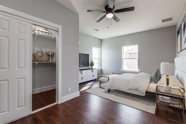 bedroom with dark hardwood / wood-style flooring, ceiling fan, and a closet