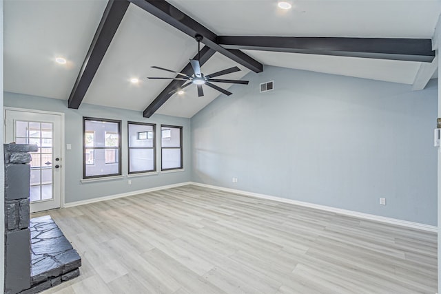 unfurnished living room featuring lofted ceiling with beams, ceiling fan, and light hardwood / wood-style floors