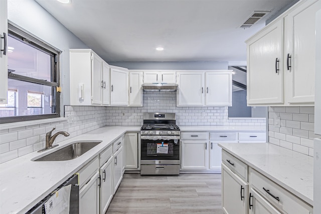 kitchen with white cabinets, decorative backsplash, sink, and appliances with stainless steel finishes