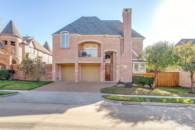 view of front of property featuring a balcony and a garage