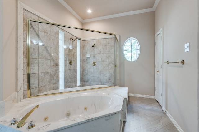 bathroom with hardwood / wood-style floors, separate shower and tub, crown molding, and vaulted ceiling