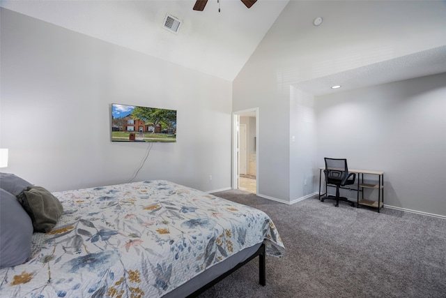 carpeted bedroom featuring high vaulted ceiling and ceiling fan