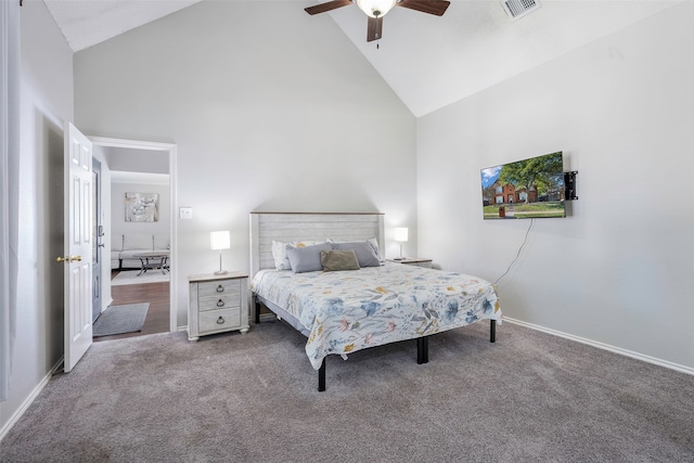 bedroom featuring ceiling fan, carpet floors, and high vaulted ceiling