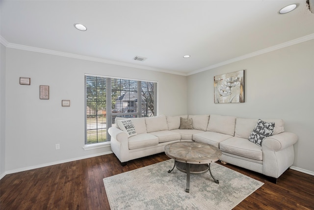 living room featuring ornamental molding and dark wood-type flooring