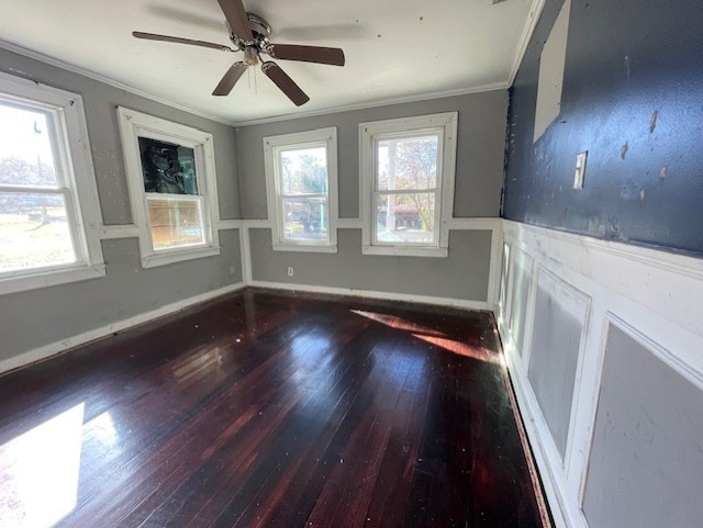 empty room featuring hardwood / wood-style flooring, ceiling fan, and ornamental molding