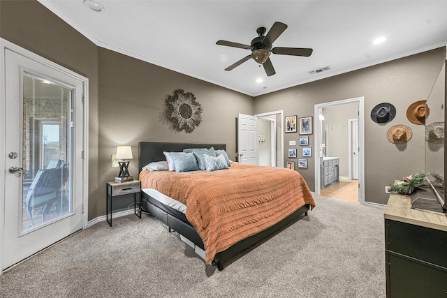 bedroom with light carpet, ensuite bath, access to outside, ceiling fan, and crown molding