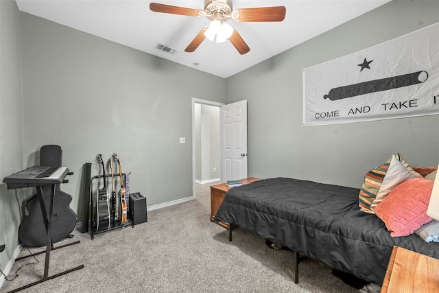 carpeted bedroom featuring ceiling fan