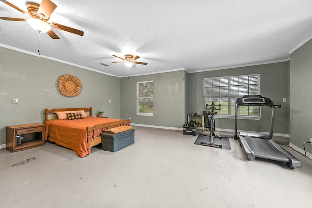 bedroom featuring ceiling fan, concrete flooring, and ornamental molding