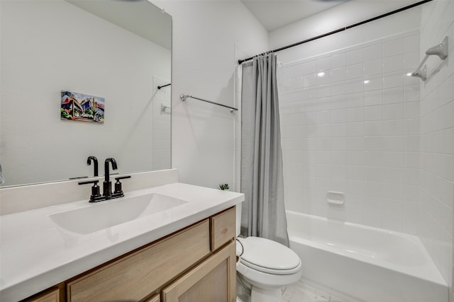 full bathroom featuring shower / bath combination with curtain, vanity, and toilet