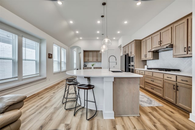 kitchen with light wood-type flooring, backsplash, vaulted ceiling, a kitchen island with sink, and sink