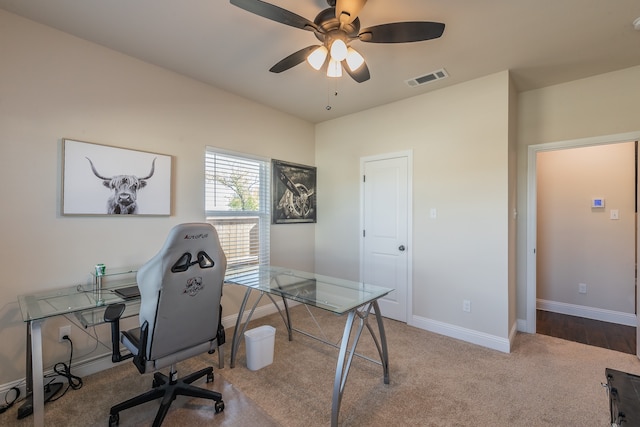 office area with carpet flooring and ceiling fan