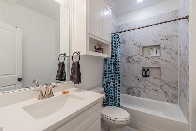 full bathroom with toilet, vanity, and shower / tub combo with curtain