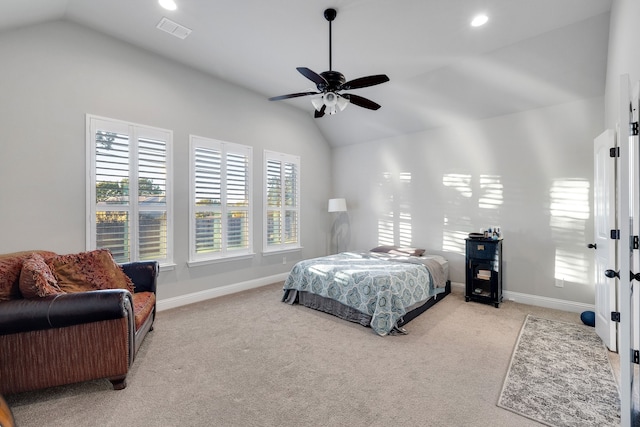 bedroom with light carpet, vaulted ceiling, and ceiling fan