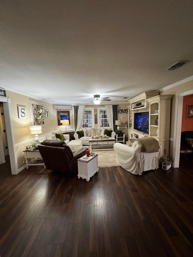 208 Cedar Ln, Burleson, TX 76028 - living room featuring ornamental molding, dark wood finished floors, and ceiling fan