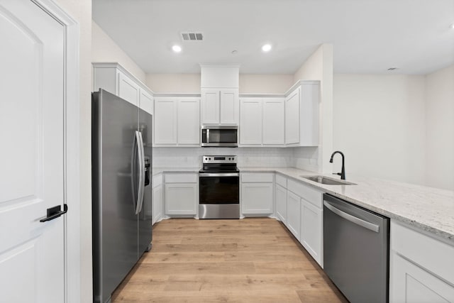 kitchen with light stone countertops, sink, stainless steel appliances, decorative backsplash, and white cabinets