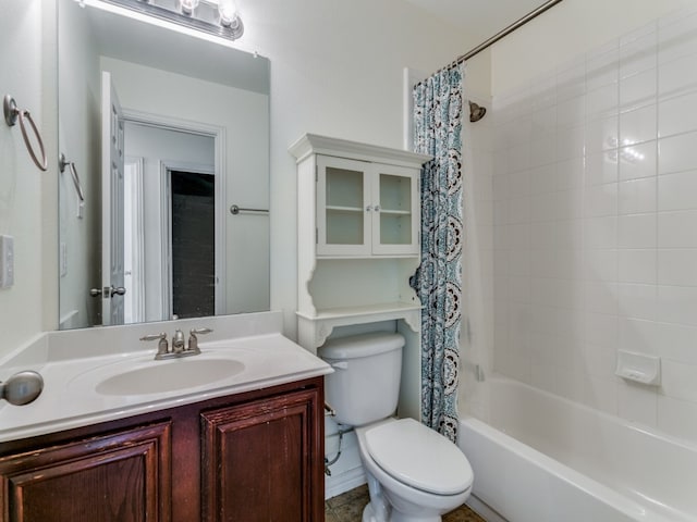 full bathroom featuring vanity, toilet, and shower / bathtub combination with curtain