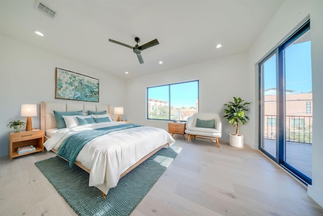 bedroom with access to exterior, light wood-type flooring, and ceiling fan