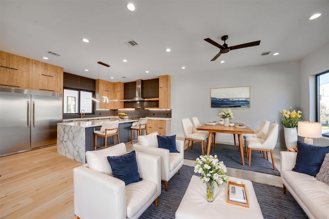 living room with ceiling fan, light wood-type flooring, sink, and a wealth of natural light