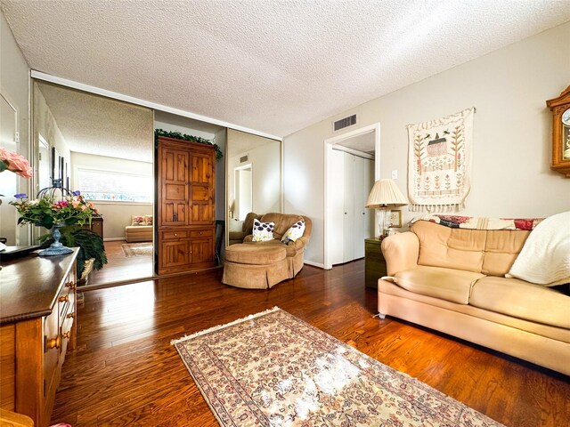 living room featuring dark hardwood / wood-style flooring and a textured ceiling