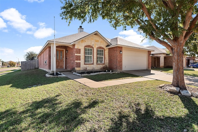 ranch-style home featuring a garage and a front lawn