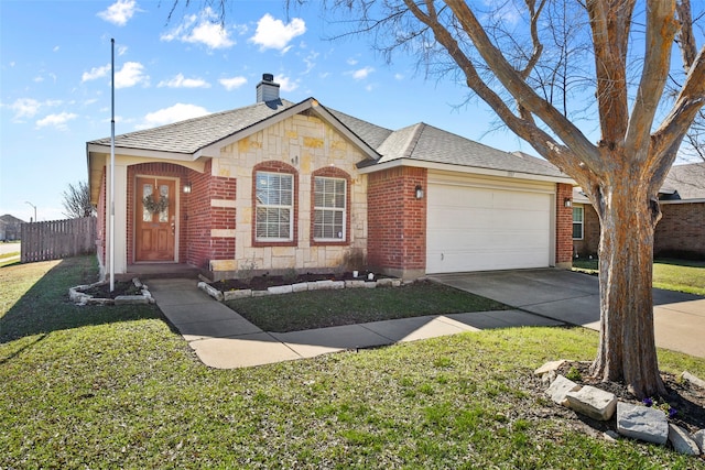 ranch-style house with a front yard and a garage