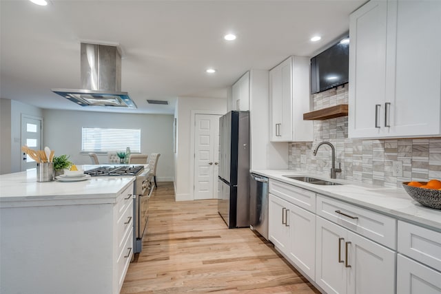 kitchen featuring sink, white cabinetry, appliances with stainless steel finishes, island exhaust hood, and backsplash