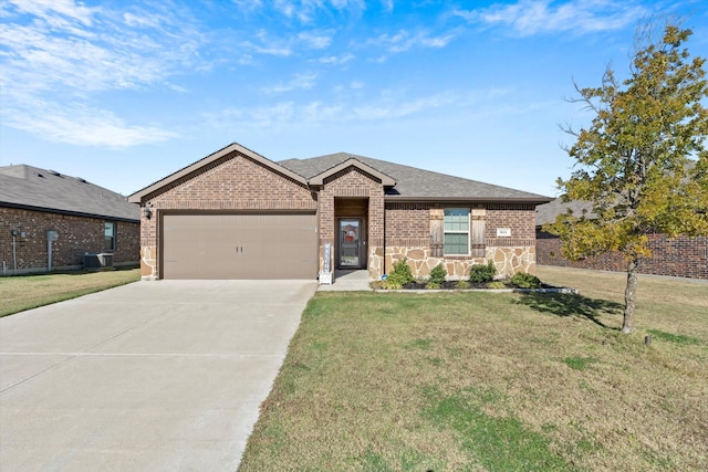 single story home with a garage, a front yard, and central AC