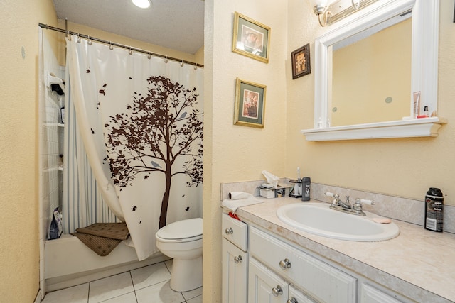 bathroom featuring tile patterned flooring, curtained shower, toilet, and vanity