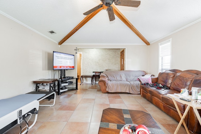 living area with lofted ceiling, visible vents, and ornamental molding