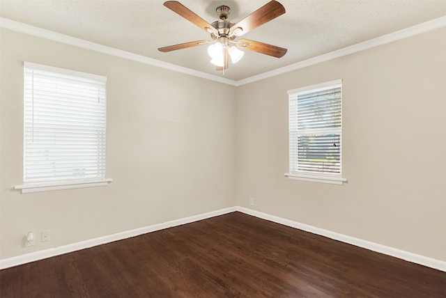 unfurnished room with ceiling fan, wood-type flooring, a textured ceiling, and ornamental molding