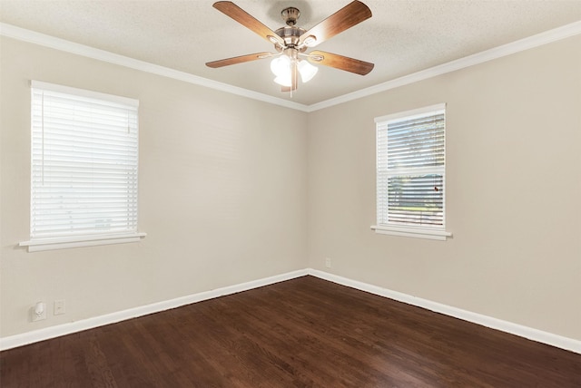 1725 Brake Dr, Carrollton, TX 75006 - empty room with dark wood finished floors, ornamental molding, ceiling fan, and a textured ceiling