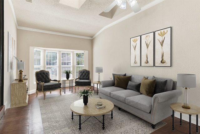 1725 Brake Dr, Carrollton, TX 75006 - living room with wood finished floors, a textured ceiling, ornamental molding, and ceiling fan