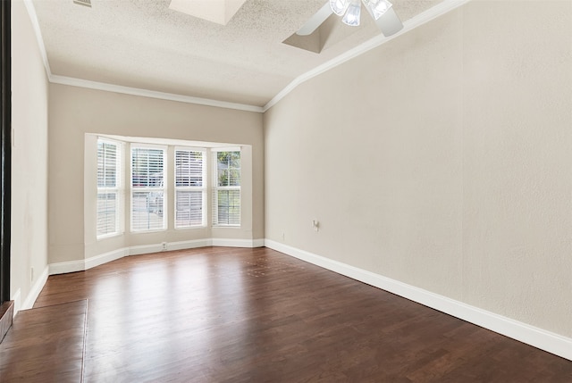 spare room with ceiling fan, ornamental molding, a textured ceiling, and hardwood / wood-style flooring