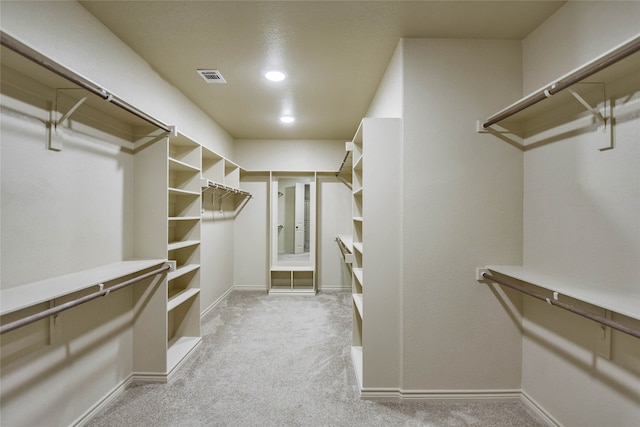 walk in closet with light carpet