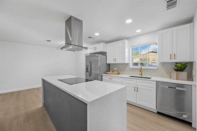 kitchen featuring sink, appliances with stainless steel finishes, white cabinetry, island range hood, and a kitchen island