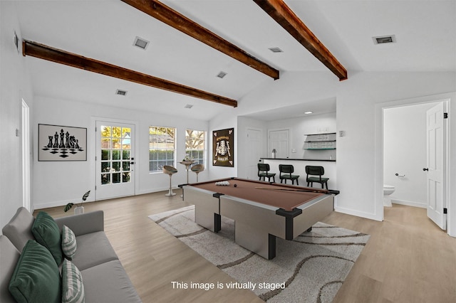 playroom featuring vaulted ceiling with beams, light wood-type flooring, and billiards