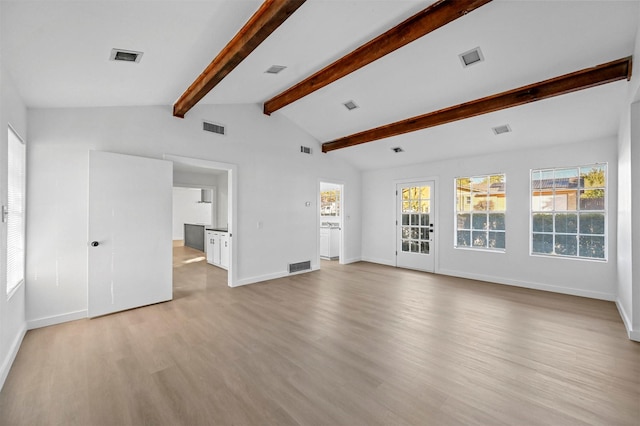 unfurnished living room with lofted ceiling with beams and light hardwood / wood-style flooring